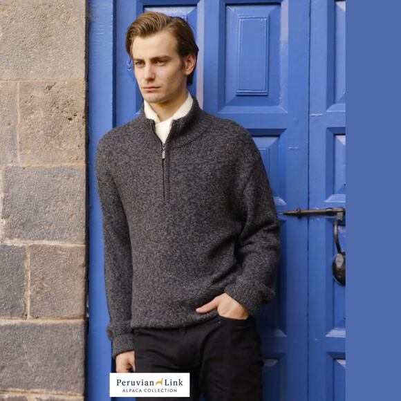 Peruvian Link M Troyan Alpaca Sweater | Charcoal 1/2 Zip Peru 100% Alpaca $175 - Picture 1 of 10